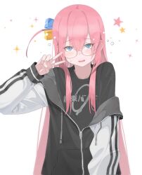 Rule 34 | 1girl, air bubble, arm up, black jacket, black shirt, blue eyes, bocchi the rock!, bubble, corrupted twitter file, cube hair ornament, glasses, gotoh hitori, hair ornament, half-closed eyes, highres, jacket, long hair, looking at viewer, muina, open mouth, shirt, side ahoge, solo, sparkle, star (symbol), track jacket, upper body, v, very long hair, white background