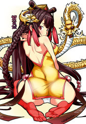 Rule 34 | ass, bare shoulders, black hair, breasts, brown eyes, character name, china dress, chinese clothes, dragon, dress, forbidden city (oshiro project), from behind, large breasts, long hair, looking at viewer, looking back, momohara rile, no shoes, oshiro project:re, oshiro project:re, panties, pantyshot, plantar flexion, seiza, simple background, sitting, solo, thighhighs, twitter username, underwear, very long hair, white background