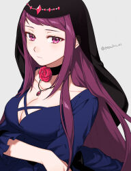 Rule 34 | 1girl, artist name, black choker, blue dress, breasts, choker, cleavage, collarbone, commentary, crossed arms, dress, expressionless, fire emblem, fire emblem engage, flower, frilled sleeves, frills, hair ornament, highres, ivy (fire emblem), jewelry, large breasts, long hair, long sleeves, looking at viewer, mole, mole under mouth, necklace, nintendo, official alternate costume, peach11 01, purple eyes, purple hair, red flower, red rose, rose, sidelocks, solo, twitter username, upper body, veil