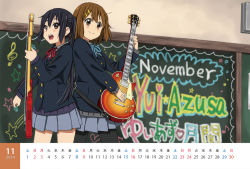 Rule 34 | 2girls, back-to-back, black hair, blazer, blush, brown eyes, brown hair, calendar, classroom, guitar, hair ornament, hairclip, hirasawa yui, indoors, instrument, k-on!, long hair, looking at viewer, multiple girls, music, nakano azusa, open mouth, pantyhose, playing instrument, pleated skirt, school, school uniform, short hair, skirt, smile, standing, twintails, watanore
