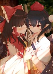 Rule 34 | 2girls, absurdres, ascot, bare shoulders, bird wings, black hair, black wings, blush, bow, brown eyes, brown hair, chilwell seele, closed mouth, collared shirt, detached sleeves, feathered wings, hair bow, hair tubes, hakurei reimu, hat, highres, holding hands, japanese clothes, medium hair, multiple girls, nontraditional miko, open mouth, pointy ears, pom pom (clothes), red bow, red eyes, red headwear, shameimaru aya, shirt, short hair, short sleeves, sidelocks, smile, tokin hat, touhou, white shirt, white sleeves, wide sleeves, wings, yellow ascot, yuri