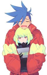 Rule 34 | 2boys, asymmetrical hair, black gloves, black shirt, book, chin rest, closed eyes, firefighter jacket, galo thymos, gloves, green hair, hand on own chin, hands in pockets, head on head, head rest, height difference, highres, holding, holding book, hug, hug from behind, jacket, kome 1022, lio fotia, male focus, mohawk, multiple boys, open mouth, pants, promare, purple eyes, red jacket, red pants, shirt, short hair, sidecut, simple background, trap, undercut, white background, yaoi