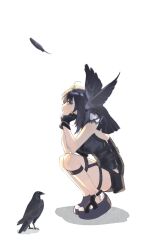 Rule 34 | 1girl, animal, animal on shoulder, arknights, bare shoulders, bird, bird on shoulder, black gloves, black hair, black shirt, crow, feathers, fingerless gloves, from side, full body, glance, gloves, gy0523shiver, head rest, highres, la pluma (arknights), looking at viewer, medium hair, profile, shadow, shirt, sideways, simple background, sleeveless, sleeveless shirt, solo, squatting, white background