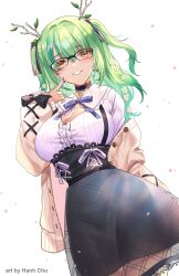 Rule 34 | 1girl, absurdres, antlers, black choker, blue ribbon, breasts, ceres fauna, ceres fauna (jirai kei), choker, cleavage, corset, earrings, falling petals, flower, glasses, green hair, hair flower, hair ornament, hanh chu, highres, hololive, hololive english, horns, jewelry, large breasts, long hair, long sleeves, looking at viewer, mole, mole under eye, official alternate costume, petals, ribbon, short twintails, simple background, skirt, smile, solo, twintails, virtual youtuber, white background, yellow eyes