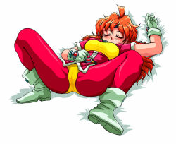 Rule 34 | 1girl, arm up, bed, belt, blush, boots, cameltoe, closed eyes, curvy, earrings, eyeball (artist), full body, gloves, headband, jewelry, leggings, lina inverse, long hair, lying, on back, orange hair, pussy, red hair, shiny clothes, simple background, skin tight, slayers, sleeping, solo, spread legs