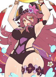 1girl breasts dragalia_lost gonzarez hair_ornament highres holding large_breasts long_hair looking_at_viewer mym_(dragalia_lost) official_alternate_costume open_mouth red_eyes red_hair swimsuit upper_body very_long_hair