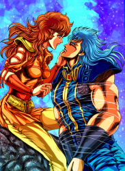 Rule 34 | 1boy, 1girl, armlet, belt, blue background, blue hair, bound, couple, crack, hand on another&#039;s face, hetero, hokuto no ken, long hair, looking at another, mamiya (hokuto no ken), muscular, norie, orange hair, purple eyes, red eyes, rei (hokuto no ken), rock, shoulder pads, sitting, tied up (nonsexual), yellow legwear
