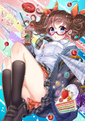 Rule 34 | 1girl, bag, bag charm, black footwear, black socks, blue eyes, bookbag, bow, brand name imitation, breasts, brown hair, cake, cake slice, candy, charm (object), cherry, coffee, coga, cup, doughnut, drinking straw, food, froot loops, fruit, full body, glasses, hair bow, heart, holding, holding cup, iced coffee, kneehighs, knees up, large breasts, moe2019, necktie, orange bow, paper airplane, penny loafers, pink-framed eyewear, plaid, plaid neckwear, plaid skirt, purple bow, school uniform, shirt, short twintails, skirt, socks, sprinkles, strawberry, sweets, twintails, white shirt