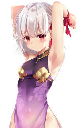Rule 34 | 1girl, absurdres, armpits, arms up, bare arms, bare shoulders, blush, bound, bound wrists, bow, breasts, commentary request, dress, fate/grand order, fate (series), hair between eyes, hair bow, highres, kama (fate), kama (first ascension) (fate), kisaragi yuri, looking at viewer, purple dress, red bow, red eyes, silver hair, simple background, sleeveless, sleeveless dress, small breasts, solo, upper body, white background
