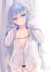 1girl absurdres bikini bikini_under_clothes blue_eyes collared_shirt cowboy_shot crescent crescent_hair_ornament dress_shirt hair_ornament highres hizaka holding holding_own_hair kantai_collection looking_at_viewer purple_hair see-through_clothes shirt short_hair short_hair_with_long_locks solo swimsuit white_shirt yayoi_(kancolle)