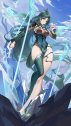Rule 34 | 1girl, absurdres, armpits, bare legs, breasts, china dress, chinese clothes, cleavage, cleavage cutout, clothing cutout, covered navel, dress, facial mark, forehead mark, green dress, green eyes, green hair, green thighhighs, highres, holding, holding sword, holding weapon, large breasts, lazgear, ling han (tower of fantasy), long hair, long sleeves, looking at viewer, nail polish, no panties, outdoors, parted bangs, pelvic curtain, shoes, single thighhigh, solo, standing, sword, thighhighs, thighlet, thighs, tower of fantasy, very long hair, weapon
