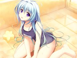 Rule 34 | 1girl, :d, ahoge, alpha (yukai na nakamatachi), barefoot, between legs, blue one-piece swimsuit, blush, breasts, character name, collarbone, game cg, hair between eyes, hair intakes, hand between legs, long hair, looking up, medium breasts, name tag, okiba ga nai!, one-piece swimsuit, open mouth, purple eyes, school swimsuit, shannon (okiba ga nai!), silver hair, sitting, smile, solo, straight hair, swimsuit, very long hair, wariza