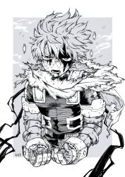 Rule 34 | 1boy, artist name, belt, belt pouch, black whip (boku no hero academia), bleeding, bleeding from forehead, blood, blood on face, bodysuit, boku no hero academia, border, bright pupils, broken mask, buckle, cape, commentary request, cropped torso, dirty, dirty face, electricity, exhausted, floating cape, floating hair, freckles, fukami (hk3), gloves, grey background, greyscale, hair between eyes, hands up, highres, hunched over, looking at viewer, lower teeth only, male focus, mask, messy hair, midoriya izuku, monochrome, mouth mask, narrowed eyes, official alternate costume, open mouth, outside border, pouch, sanpaku, scratches, shards, short hair, snap-fit buckle, spoilers, sweat, teeth, tendril, torn cape, torn clothes, upper body, utility belt, white border, white pupils