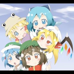 Rule 34 | 5girls, animal ears, bad id, bad pixiv id, blonde hair, blue eyes, blue hair, blush, bow, brown eyes, brown hair, cat ears, chen, chibi, cirno, earrings, fang, flandre scarlet, hat, jewelry, kawashiro nitori, letterboxed, moriya suwako, multiple girls, one eye closed, open mouth, oriennto, ponytail, red eyes, short hair, side ponytail, smile, touhou, two side up, vampire, wings, wink