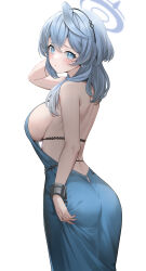 Rule 34 | 1girl, absurdres, ako (blue archive), ako (dress) (blue archive), ass, back, blue archive, blue eyes, blue hair, blue halo, blush, breasts, cowboy shot, halo, highres, koisuke, large breasts, looking at viewer, simple background, solo, white background