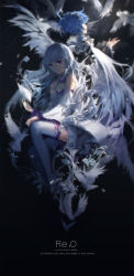 Rule 34 | 10s, 2girls, angel wings, artist name, bird, bird on hand, black background, blue eyes, blue hair, bob cut, breasts, collar, copyright name, detached sleeves, dove, emilia (re:zero), english text, feathered wings, feathers, flower, frilled collar, frilled sleeves, frills, full body, gem, hair ornament, hairclip, highres, leaf, long hair, looking at viewer, maid, maid headdress, medium breasts, multiple girls, open mouth, outstretched arms, plant, purple eyes, re:zero kara hajimeru isekai seikatsu, rem (re:zero), short hair, silver hair, sitting, swd3e2, thighhighs, very long hair, white legwear, wide sleeves, wings
