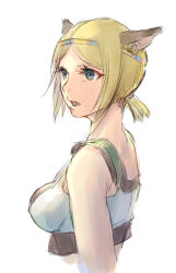 1girl adventurer_(ff11) animal_ears bare_shoulders blonde_hair blue_eyes breasts cactus41747280 cat_ears cat_girl final_fantasy final_fantasy_xi highres medium_breasts mithra_(ff11) open_mouth parted_bangs short_hair simple_background solo upper_body white_background