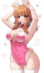 Rule 34 | 1girl, animal ears, arms up, bare arms, blunt bangs, blush, bow, bowtie, breasts, cleavage, collarbone, commentary, commission, condom, condom in mouth, condom wrapper, covered navel, cowboy shot, detached collar, fingernails, girls und panzer, highleg, highleg leotard, highres, leotard, long hair, looking at viewer, medium breasts, mouth hold, orange eyes, orange hair, pink leotard, playboy bunny, rabbit ears, rabbit pose, rabbit tail, red bow, red bowtie, shiny skin, sidelocks, simple background, skeb commission, solo, standing, strapless, strapless leotard, tail, takebe saori, tarou (komekueyo), thigh gap, thighhighs, white background, white thighhighs, wide hips, wrist cuffs