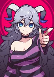 Rule 34 | 1girl, absurdres, bacon strips, black shirt, blue eyes, breasts, choker, cleavage, collarbone, commission, grey hair, highres, horns, long hair, long sleeves, medium breasts, multicolored shirt, original, pointing, pointing at viewer, purple shirt, shirt, solo, striped clothes, striped shirt