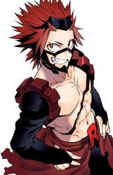 Rule 34 | 1boy, abs, boku no hero academia, chikichan, collarbone, costume, detached sleeves, from above, hands on own hips, headgear, kirishima eijirou, looking at viewer, male focus, pectorals, red eyes, red hair, scar, scar across eye, scar on face, sharp teeth, short hair, simple background, smile, solo, spiked hair, superhero costume, teeth, toned, toned male, topless male, v-shaped eyebrows