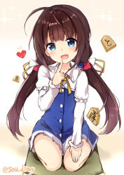 Rule 34 | 1girl, :d, ahoge, blue dress, blue eyes, blush, brown hair, collarbone, collared dress, commentary request, cushion, dress, hand up, head tilt, heart, hinatsuru ai, index finger raised, layered sleeves, long hair, long sleeves, looking at viewer, low twintails, open mouth, puffy short sleeves, puffy sleeves, ryuuou no oshigoto!, school uniform, seiza, shogi piece, short over long sleeves, short sleeves, sitting, smile, solo, sou (soutennkouchi), sparkle background, twintails, twitter username, very long hair, zabuton