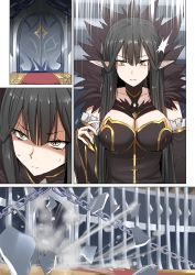 Rule 34 | 1girl, black hair, breasts, chain, cleavage, comic, commentary request, door, explosion, fate/grand order, fate (series), fur trim, ginhaha, large breasts, light particles, long hair, pointy ears, red carpet, semiramis (fate), shards, slit pupils, solo, surprised, sweat, very long hair, yellow eyes