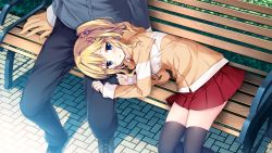 Rule 34 | 1boy, 1girl, black pants, black thighhighs, blonde hair, blue eyes, blush, character request, copyright request, day, game cg, hair between eyes, hair ornament, hair scrunchie, highres, hood, hooded jacket, jacket, kimi to hajimeru dasan tekina lovecome, lap pillow, long hair, lying, miniskirt, official art, on side, outdoors, pants, parted lips, pink scrunchie, pleated skirt, red skirt, sakura nono, scrunchie, shiny clothes, sidelocks, sitting, skirt, sousouman, thighhighs, zettai ryouiki