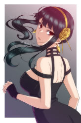 Rule 34 | 1girl, black dress, black gloves, black hair, border, breasts, dress, earrings, eyelashes, fingerless gloves, floating hair, flower, from side, gloves, gold earrings, gold hairband, hair flower, hair ornament, hairband, head tilt, highres, jewelry, looking at viewer, looking to the side, medium breasts, miyabi mt-b, parted lips, red eyes, rose, sidelocks, signature, solo, spikes, spy x family, upper body, white border, yor briar
