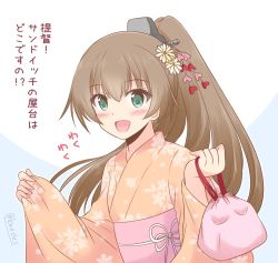 Rule 34 | 1girl, alternate costume, bag, brown hair, commentary request, floral print, flower, green eyes, hair flower, hair ornament, japanese clothes, kantai collection, kimono, kumano (kancolle), long hair, looking at viewer, one-hour drawing challenge, orange kimono, ponytail, satchel, shizuna kaede, solo, translated, two-tone background, upper body