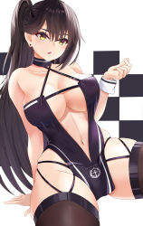 Rule 34 | 1girl, :o, absurdres, arm support, azur lane, bare shoulders, black choker, black thighhighs, blush, breasts, brown eyes, brown hair, center opening, checkered background, choker, cleavage, collarbone, commentary request, cowboy shot, criss-cross halter, earrings, eyebrows hidden by hair, eyeliner, groin, hair between eyes, halterneck, hand up, high ponytail, highres, jewelry, large breasts, long hair, looking at viewer, makeup, navel, pelvic curtain, race queen, revealing clothes, single sidelock, sitting, skindentation, solo, stud earrings, thighhighs, underboob, very long hair, white background, wrist cuffs, yuuki atori, zuikaku (azur lane), zuikaku (the wind&#039;s true name) (azur lane)