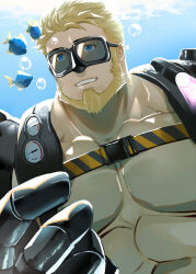 Rule 34 | 1boy, abs, andrew (live a hero), bara, bare pectorals, beard, blonde hair, chest belt, cyborg, diving, facial hair, fish, goggles, happy, hinokumo f, large pectorals, live a hero, male focus, mature male, muscular, muscular male, pectorals, prosthesis, prosthetic hand, short hair, smile, solo, underwater, upper body