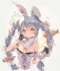 Rule 34 | 1girl, animal ear fluff, animal ears, bad id, bad pixiv id, bare shoulders, black bra, black gloves, blue hair, blue ribbon, bow, bra, braid, breasts, carrot hair ornament, cleavage, closed mouth, commentary request, cropped torso, detached sleeves, don-chan (usada pekora), dress, food-themed hair ornament, fur trim, gloves, gradient eyes, grey background, hair between eyes, hair bow, hair ornament, hanatora yuki, hand in own hair, hololive, long hair, looking at viewer, multicolored eyes, multicolored hair, orange eyes, puffy short sleeves, puffy sleeves, purple eyes, rabbit-shaped pupils, rabbit ears, rabbit girl, ribbon, short sleeves, sidelocks, silver hair, simple background, small breasts, smile, solo, symbol-shaped pupils, thick eyebrows, twin braids, twintails, two-tone hair, underwear, upper body, usada pekora, usada pekora (1st costume), very long hair, virtual youtuber, white bow, white dress