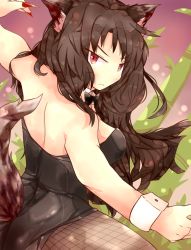 Rule 34 | 1girl, animal ears, artist request, back, bamboo, bare shoulders, blush, bow, bowtie, breasts, brown hair, collar, cuffs, detached collar, fingernails, fishnets, frown, imaizumi kagerou, leotard, long fingernails, long hair, looking at viewer, medium breasts, playboy bunny, red eyes, tail, touhou, very long hair, wolf ears, wrist cuffs
