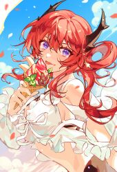 Rule 34 | 1girl, :d, absurdres, arknights, blue sky, breasts, demon horns, food, highres, holding, holding food, horns, ice cream, ice cream cone, medium breasts, narugrm, official alternate costume, open mouth, purple eyes, red hair, single hair ring, sky, smile, solo, star ornament, surtr (arknights), surtr (colorful wonderland) (arknights), swimsuit cover-up, upper body