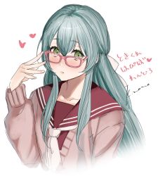 Rule 34 | 1girl, aqua hair, arm at side, assault lily, blush, bow, brown cardigan, cardigan, commentary, cropped torso, glasses, green eyes, hair between eyes, hair bow, half updo, hand up, heart, highres, kanba girls high school uniform, kanon mone, long hair, long sleeves, looking at viewer, looking over eyewear, necktie, nose blush, parted lips, pink-framed eyewear, red sailor collar, sailor collar, school uniform, serafuku, short necktie, sidelocks, simple background, sketch, solo, symbol-only commentary, toki kureha, translation request, upper body, white background, white bow, white necktie