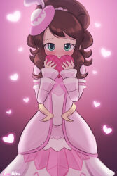 Rule 34 | 1girl, blush, box, brown hair, closed mouth, commentary, creatures (company), dress, eyelashes, game freak, gift, gift box, green eyes, hands up, hat, heart, heart-shaped box, hilda (pokemon), hilda (special costume) (pokemon), holding, long hair, long sleeves, looking at viewer, lumineko, mini hat, nintendo, official alternate costume, pink dress, pink hat, pokemon, pokemon masters ex, sidelocks, signature, solo, valentine