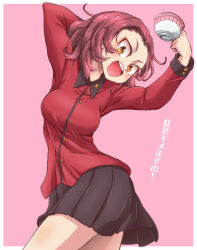 Rule 34 | 1girl, aono3, arm behind head, arm up, black skirt, cup, girls und panzer, head tilt, highres, holding, holding cup, jacket, long sleeves, looking at viewer, medium hair, military uniform, miniskirt, open mouth, orange eyes, pink background, pleated skirt, red hair, red jacket, rosehip (girls und panzer), simple background, skirt, smile, solo, st. gloriana&#039;s military uniform, standing, teacup, translated, uniform