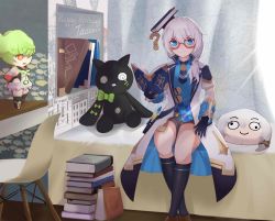 Rule 34 | 2girls, ?, absurdres, ai-chan (honkai impact), alternate costume, bed, birthday, black footwear, blue eyes, book, book on head, bookshelf, cape, chair, chibi, curtains, glasses, gloves, hair between eyes, halfmoe, happy birthday, hat, highres, honkai (series), honkai impact 3rd, indoors, long sleeves, looking at viewer, multiple girls, necktie, object on head, open mouth, pillow, shorts, side ponytail, sitting, smile, stuffed animal, stuffed toy, table, theresa apocalypse, theresa apocalypse (celestial hymn), white hair