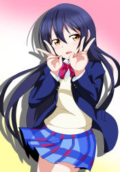 Rule 34 | 1girl, absurdres, blazer, blue hair, blue jacket, bow, bowtie, commentary request, cowboy shot, double v, highres, jacket, long hair, long sleeves, looking at viewer, love live!, love live! school idol project, open clothes, open jacket, open mouth, otonokizaka school uniform, plaid, plaid skirt, pleated skirt, red bow, red bowtie, school uniform, simple background, skirt, smile, solo, sonoda umi, striped bow, striped bowtie, striped clothes, swept bangs, v, winter uniform, yellow eyes