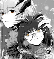 Rule 34 | 2girls, arknights, blush, commentary request, duodongzhengertong, fur-trimmed jacket, fur trim, glasses, grey background, hair between eyes, hand on another&#039;s head, highres, horns, jacket, jewelry, long hair, long sleeves, monochrome, multiple girls, orange eyes, parted lips, ring, round eyewear, saria (arknights), scarf, signature, silence (arknights), spot color, upper body