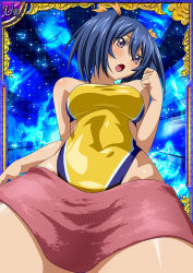 Rule 34 | 00s, 1girl, bashoku youjou, blue hair, breasts, card (medium), cleavage, curvy, female focus, hair ornament, ikkitousen, large breasts, looking at viewer, navel, one-piece swimsuit, purple eyes, short twintails, solo, swimsuit, twintails