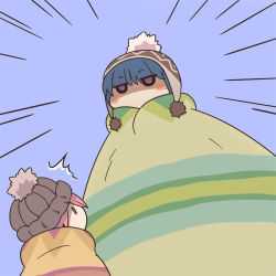 Rule 34 | 2girls, ^^^, beanie, blue background, blue eyes, blue hair, blush stickers, commentary request, denden, emphasis lines, hat, jitome, kagamihara nadeshiko, looking at another, looking up, mahoujin guruguru, multiple girls, pink hair, profile, purple eyes, shima rin, size difference, yurucamp