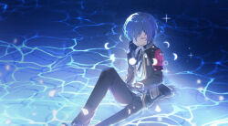 Rule 34 | 1boy, armband, black gloves, black jacket, black pants, black ribbon, blue hair, closed eyes, closed mouth, collared shirt, digital media player, feet out of frame, gloves, hair over one eye, headphones, headphones around neck, highres, holding, jacket, knee up, male focus, moon phases, neck ribbon, ocean, open clothes, open jacket, pants, partially submerged, persona, persona 3, persona 3 reload, red armband, ribbon, shirt, short hair, sitting, smile, solo, sparkle, tatsuya yan0102, water, white shirt, wing collar, yuuki makoto (persona 3)