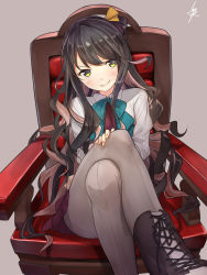 Rule 34 | 10s, 1girl, ankle boots, armchair, baffu, black footwear, black hair, blush, boots, chair, cross-laced footwear, crossed legs, hair ribbon, highres, kantai collection, lace-up boots, long hair, looking at viewer, naganami (kancolle), naughty face, pantyhose, ribbon, school uniform, shirt, simple background, sitting, skirt, smirk, solo, very long hair, wavy hair, white shirt, yellow eyes