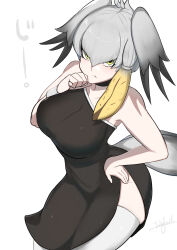 Rule 34 | 1girl, bare shoulders, black dress, black hair, breasts, closed mouth, commentary, dress, grey hair, hair between eyes, head wings, highres, john (a2556349), kemono friends, kemono friends 3, large breasts, long dress, looking at viewer, multicolored hair, shoebill (kemono friends), side slit, sidelocks, skindentation, sleeveless, sleeveless dress, solo, staring, tail, wings