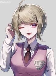 Rule 34 | 1girl, ahoge, akamatsu kaede, alternate hair length, alternate hairstyle, artist name, blonde hair, blush, breasts, commentary request, danganronpa (series), danganronpa v3: killing harmony, eighth note, fortissimo, grey background, hair ornament, large breasts, long sleeves, looking at viewer, musical note, musical note hair ornament, necktie, one eye closed, open mouth, pink sweater vest, purple eyes, red necktie, school uniform, shirt, short hair, smile, solo, sweater vest, twitter username, white shirt, z-epto (chat-noir86)