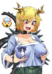 Rule 34 | 1girl, blue shirt, blush, breasts, cleavage, collarbone, dragon horns, dragon tail, emoticon, green skirt, highres, horns, kicchou yachie, large breasts, long sleeves, open mouth, pleated skirt, red eyes, rihito (usazukin), sharp teeth, shirt, short hair, simple background, skirt, solo, tail, teeth, touhou, upper body, white background, white shirt, yellow horns