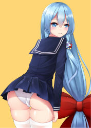 Rule 34 | 10s, 1girl, alternate costume, ass, blue eyes, blue hair, blush, bow, fengli (709622571), from behind, hair bow, hair ornament, highres, kantai collection, leaning, leaning forward, long hair, looking at viewer, panties, parted lips, red bow, samidare (kancolle), school uniform, shiny skin, simple background, skirt, solo, thighhighs, underwear, very long hair, white thighhighs, yellow background
