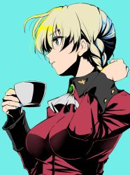Rule 34 | 1girl, blonde hair, blue background, blue eyes, braid, braided bun, cup, darjeeling (girls und panzer), epaulettes, from side, girls und panzer, hair bun, highres, holding, holding cup, jacket, long sleeves, looking to the side, military, military uniform, red jacket, short hair, simple background, solo, st. gloriana&#039;s military uniform, twin braids, uniform, upper body, yamagami mozuku