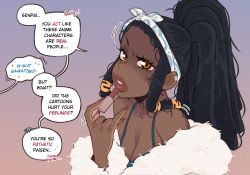 Rule 34 | 1girl, alternate universe, applying makeup, bandana, blue bra, bra, breasts, brown eyes, brown lips, chocotoro, coat, commentary, cosmetics, dark-skinned female, dark skin, dreadlocks, earclip, english commentary, english text, eyelashes, fingernails, forehead, fourth wall, fur coat, hachiouji naoto, hair tubes, highres, holding, holding lipstick tube, ijiranaide nagatoro-san, lips, lipstick, lipstick tube, long hair, looking at viewer, mahmapuu, makeup, making-of available, medium breasts, nagatoro hayase, off shoulder, out of frame, parody, pinky out, ponytail, puckered lips, raised eyebrow, ringed eyes, sidelocks, solo, spaghetti strap, speech bubble, underwear, upper body, very dark skin, wet